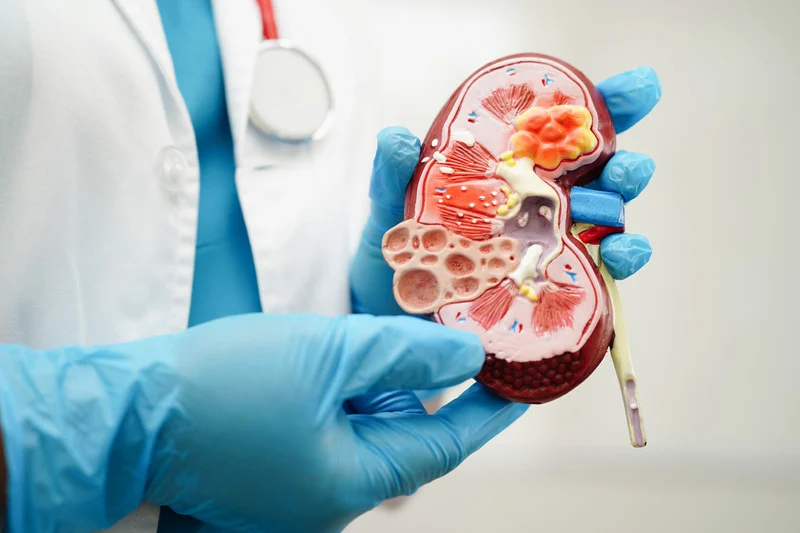 Specialist holding a kidney model to explain end-stage renal disease (ESRD) treatment and dialysis access in Los Angeles